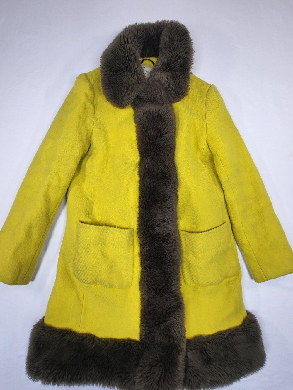 Kate Spade New York Yellow Wool Faux Fur Trim Coat Jacket 0